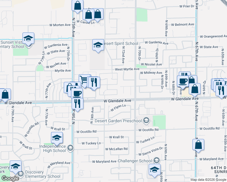 map of restaurants, bars, coffee shops, grocery stores, and more near 7267 West Cactus Wren Drive in Glendale