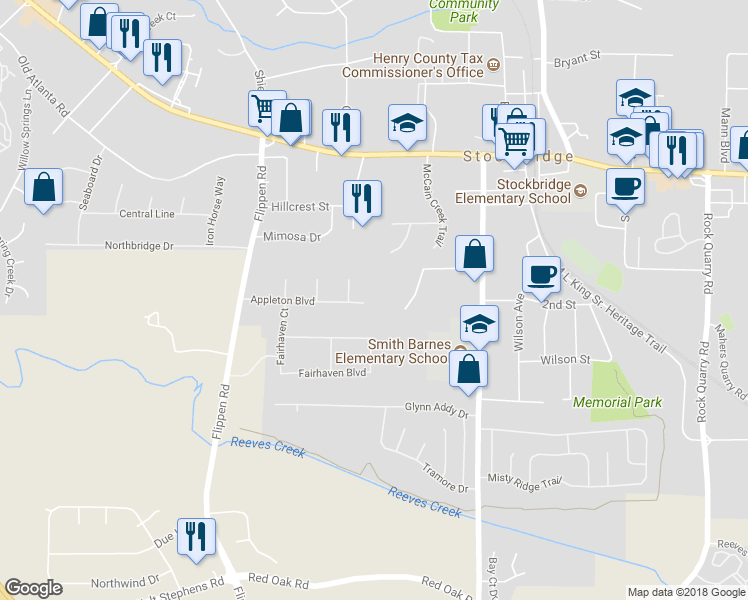 map of restaurants, bars, coffee shops, grocery stores, and more near 163 Appleton Boulevard in Stockbridge