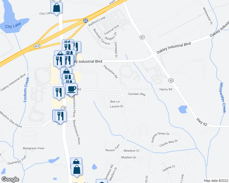 map of restaurants, bars, coffee shops, grocery stores, and more near 3132 Broadleaf Trail in Fairburn