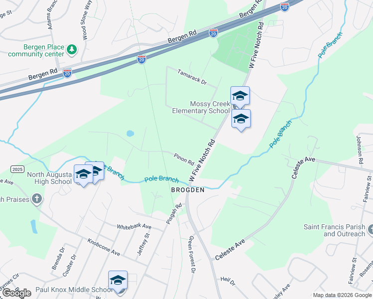 map of restaurants, bars, coffee shops, grocery stores, and more near 1005 Pinon Road in North Augusta