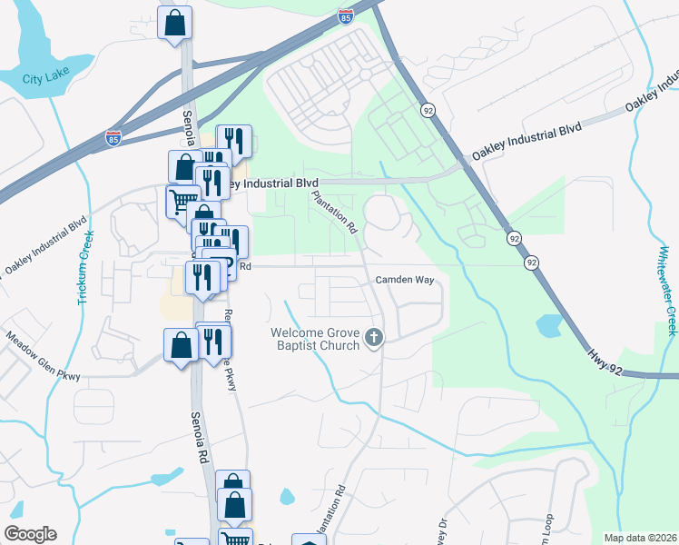 map of restaurants, bars, coffee shops, grocery stores, and more near 110 Jaclyn Way in Fairburn