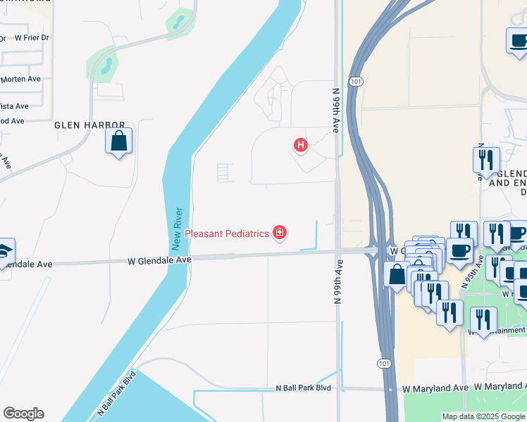 map of restaurants, bars, coffee shops, grocery stores, and more near 10020 W Glendale Ave in Glendale