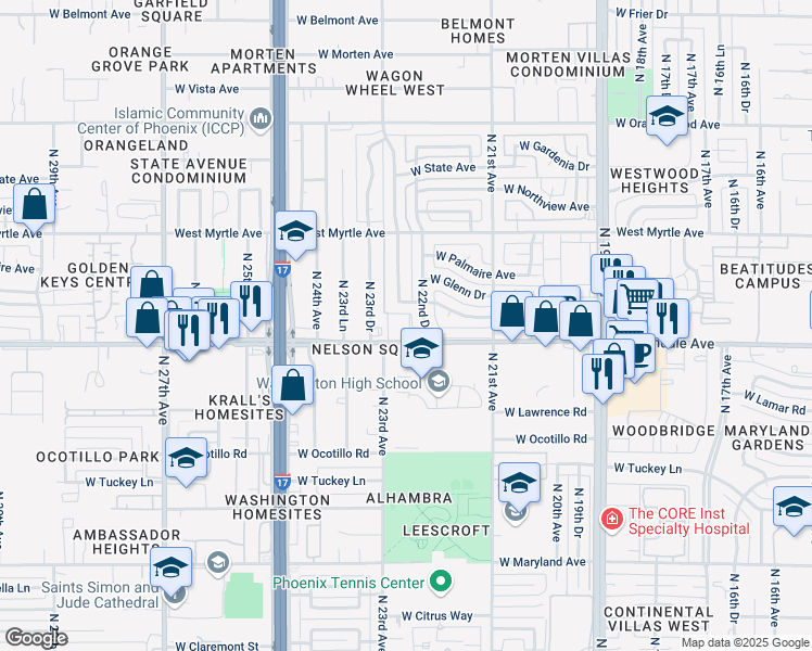 map of restaurants, bars, coffee shops, grocery stores, and more near 2250 West Glendale Avenue in Phoenix