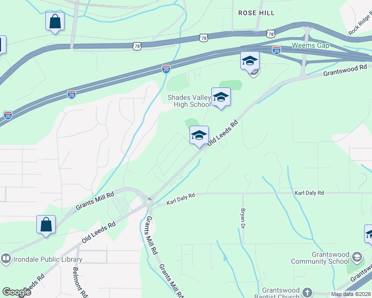 map of restaurants, bars, coffee shops, grocery stores, and more near 5889 Old Leeds Road in Irondale