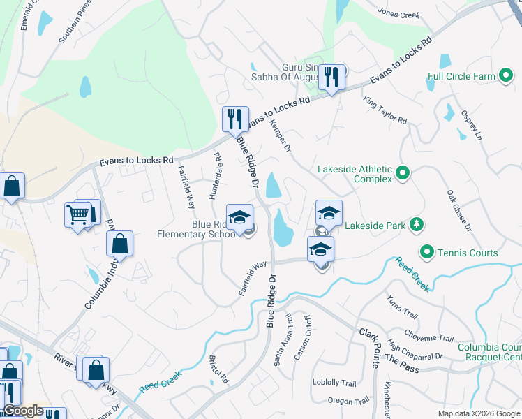map of restaurants, bars, coffee shops, grocery stores, and more near 550 Blue Ridge Drive in Evans