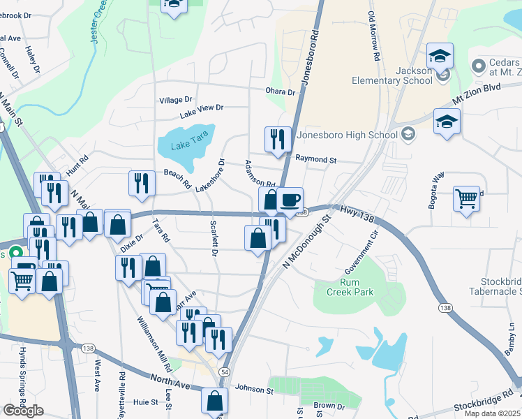 map of restaurants, bars, coffee shops, grocery stores, and more near 1198 Georgia 138 in Jonesboro