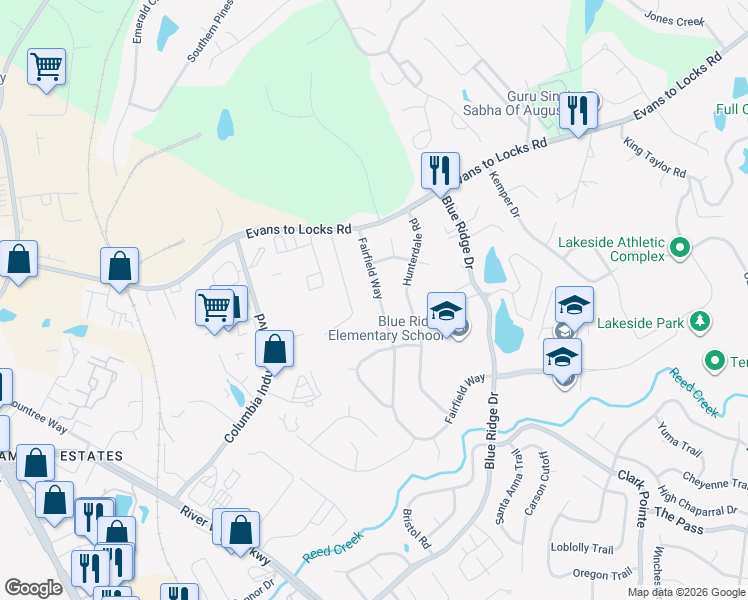 map of restaurants, bars, coffee shops, grocery stores, and more near 701 Bradford Lane in Evans