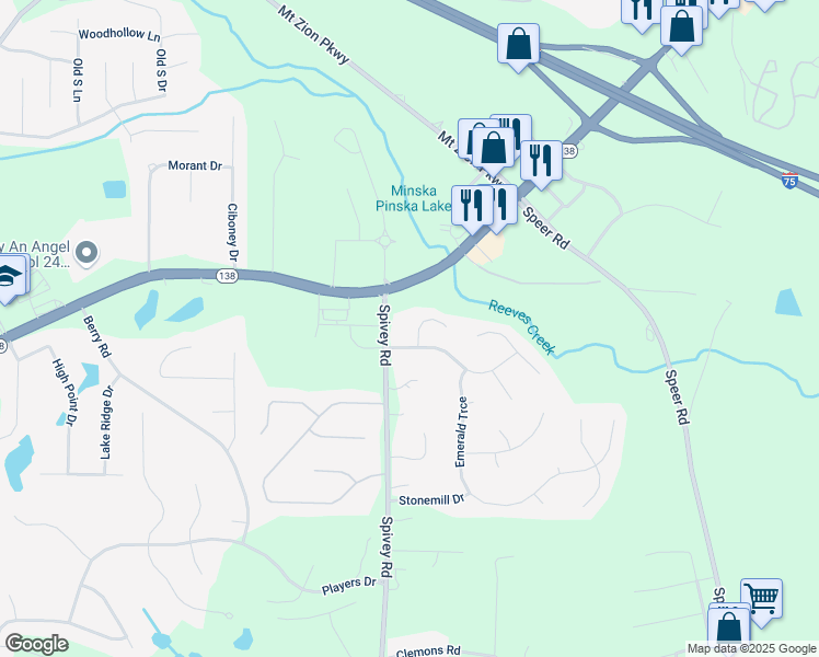 map of restaurants, bars, coffee shops, grocery stores, and more near 118 Spivey Glen Drive in Jonesboro