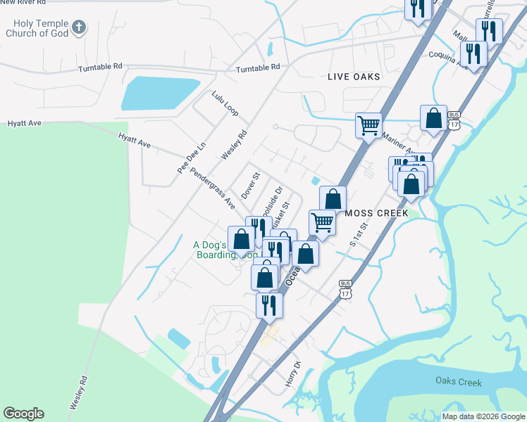map of restaurants, bars, coffee shops, grocery stores, and more near 7 Musket Street in Murrells Inlet