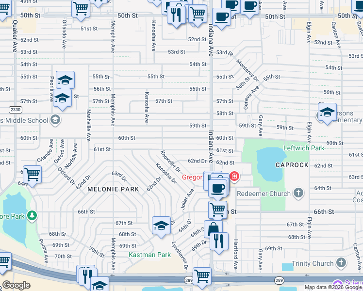 map of restaurants, bars, coffee shops, grocery stores, and more near 3420 61st Street in Lubbock