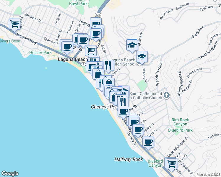 map of restaurants, bars, coffee shops, grocery stores, and more near 645 Glenneyre Street in Laguna Beach