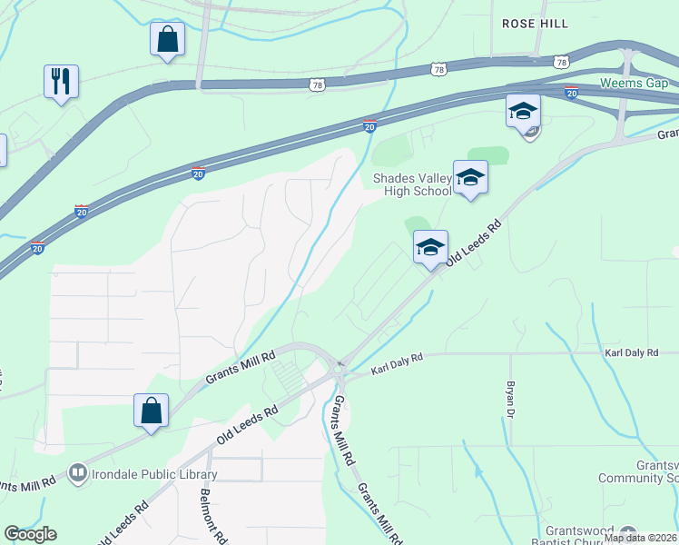 map of restaurants, bars, coffee shops, grocery stores, and more near 5946 Old Leeds Road in Irondale