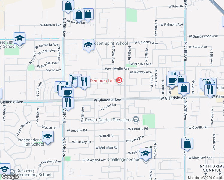 map of restaurants, bars, coffee shops, grocery stores, and more near 7118 North 72nd Avenue in Glendale