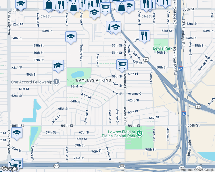 map of restaurants, bars, coffee shops, grocery stores, and more near 1910 62nd Street in Lubbock