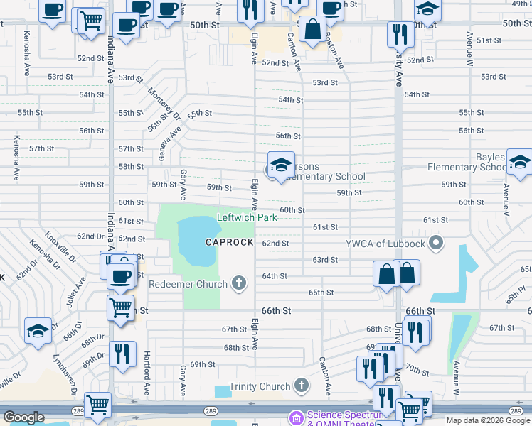 map of restaurants, bars, coffee shops, grocery stores, and more near 2821 61st Street in Lubbock