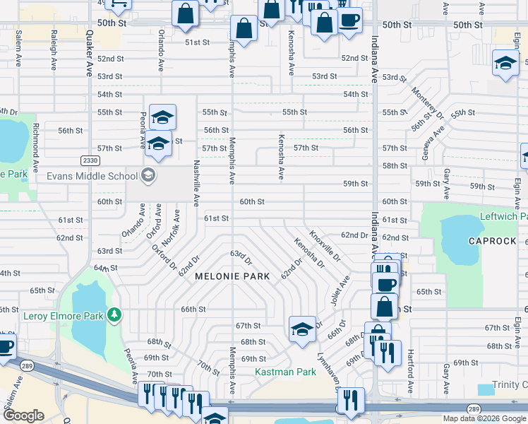 map of restaurants, bars, coffee shops, grocery stores, and more near 3701 61st Street in Lubbock