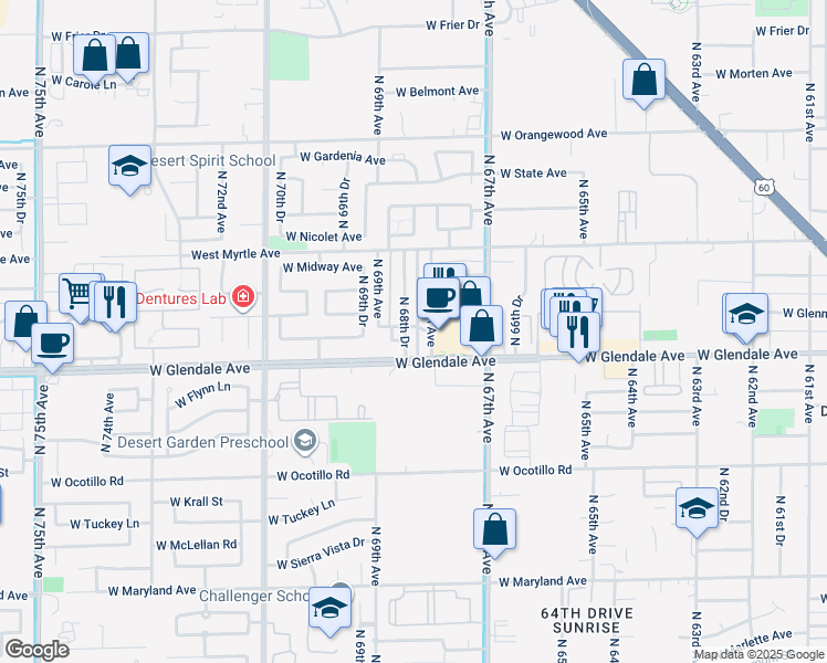 map of restaurants, bars, coffee shops, grocery stores, and more near 7002 North 68th Drive in Glendale