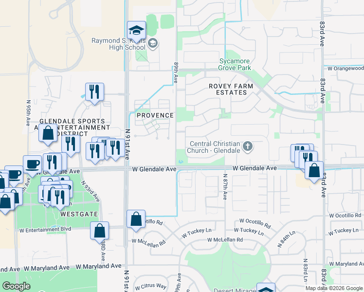 map of restaurants, bars, coffee shops, grocery stores, and more near 12644 West Glenn Drive in Glendale