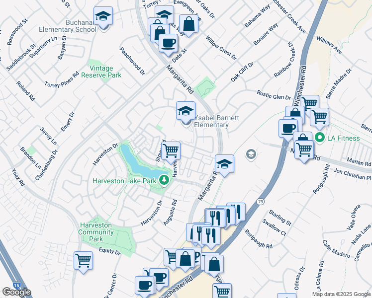map of restaurants, bars, coffee shops, grocery stores, and more near 40164 Landings Road in Temecula