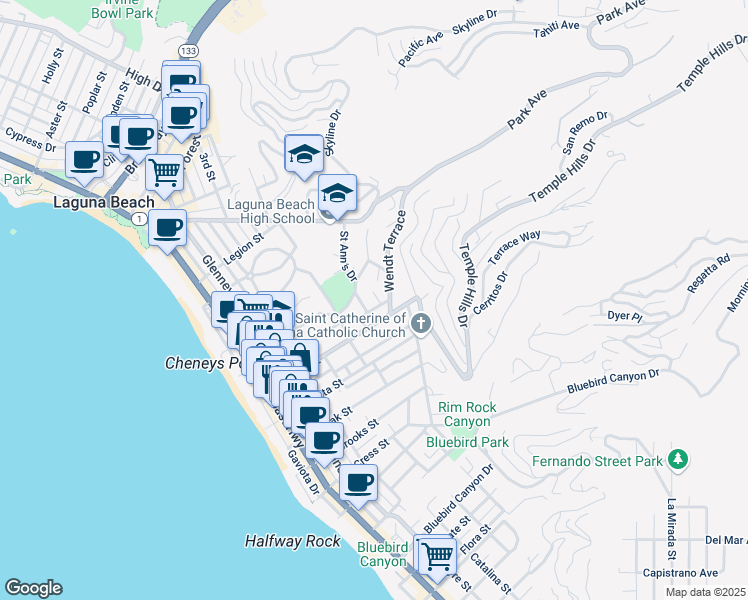 map of restaurants, bars, coffee shops, grocery stores, and more near 635 Cuprien Way in Laguna Beach