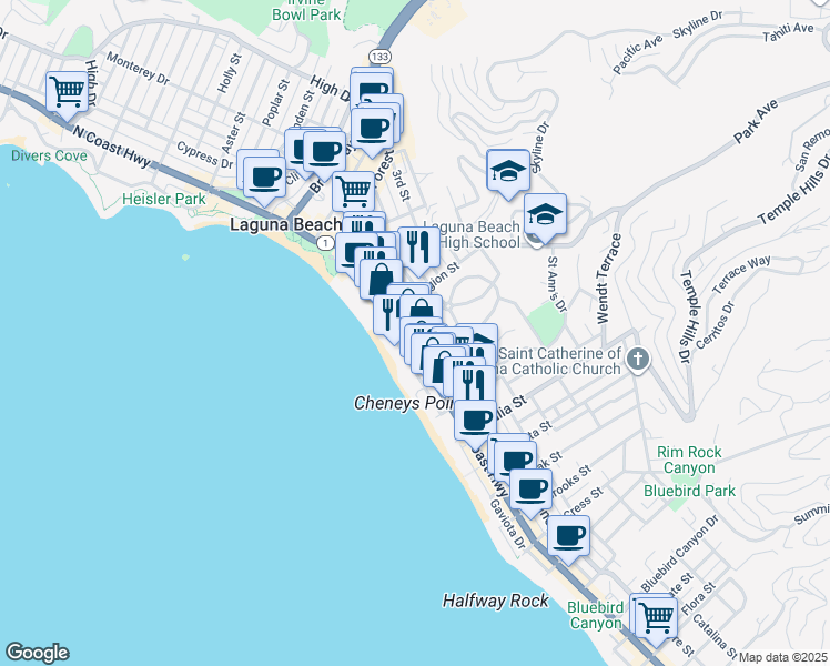 map of restaurants, bars, coffee shops, grocery stores, and more near 665 Ramona Avenue in Laguna Beach