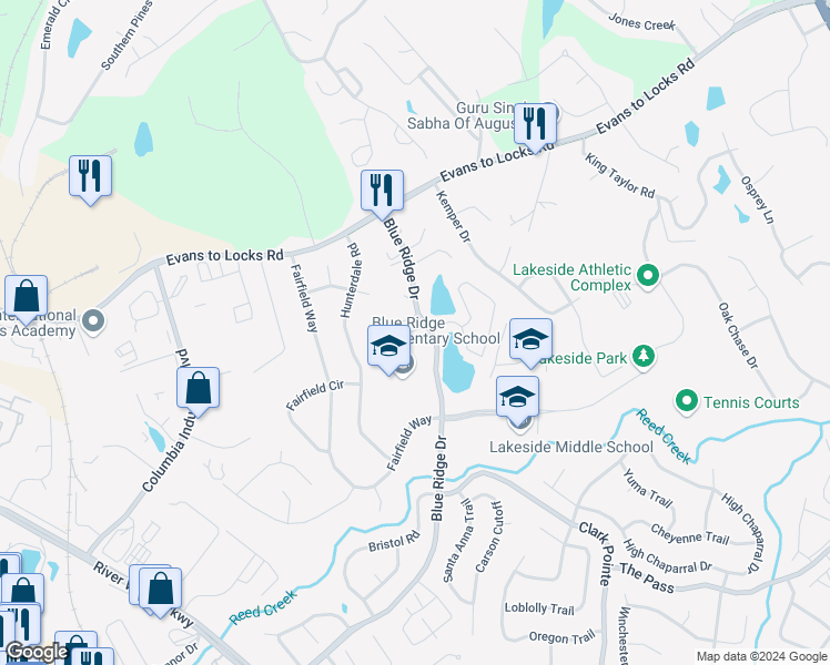 map of restaurants, bars, coffee shops, grocery stores, and more near 550 Blue Ridge Drive in Evans