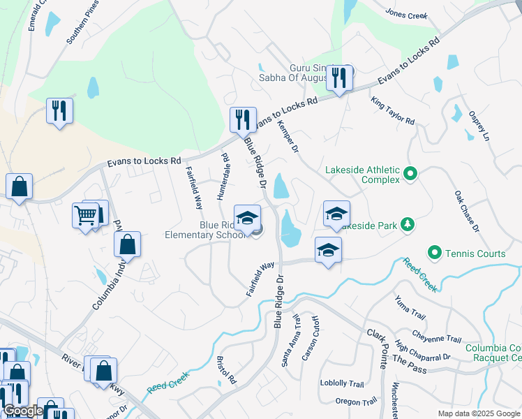 map of restaurants, bars, coffee shops, grocery stores, and more near 550 Blue Ridge Drive in Evans