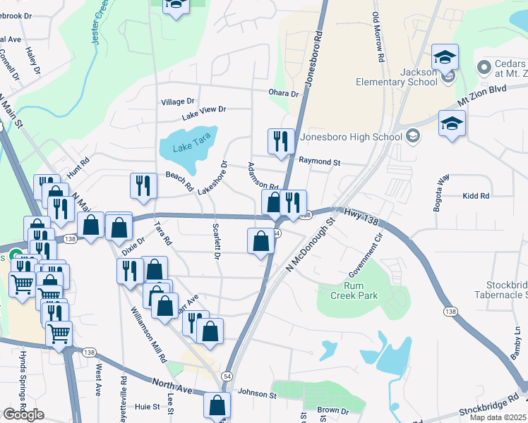 map of restaurants, bars, coffee shops, grocery stores, and more near 1198 Georgia 138 in Jonesboro