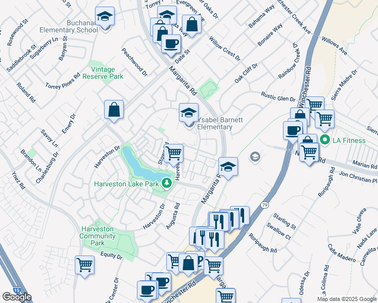 map of restaurants, bars, coffee shops, grocery stores, and more near 40024 Harveston Drive in Temecula