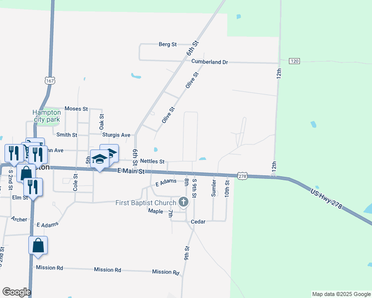 map of restaurants, bars, coffee shops, grocery stores, and more near 212-298 Moses Street in Hampton