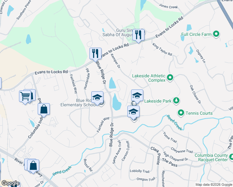 map of restaurants, bars, coffee shops, grocery stores, and more near 531 Blue Ridge Crossing in Evans