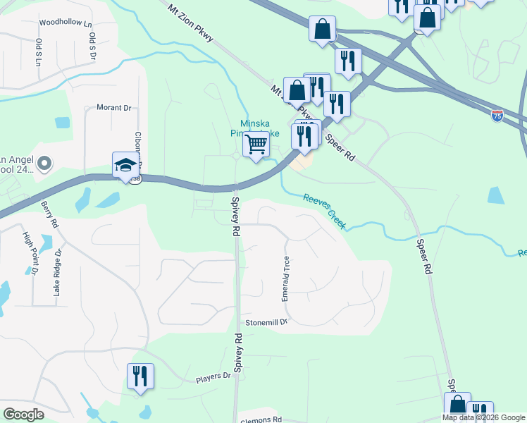 map of restaurants, bars, coffee shops, grocery stores, and more near 118 Spivey Glen Drive in Jonesboro