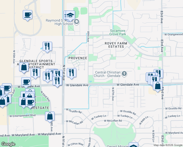 map of restaurants, bars, coffee shops, grocery stores, and more near 12644 West Glenn Drive in Glendale