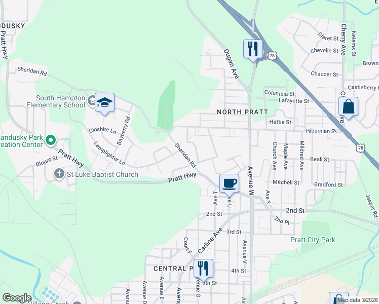map of restaurants, bars, coffee shops, grocery stores, and more near 217 Sheridan Road in Birmingham