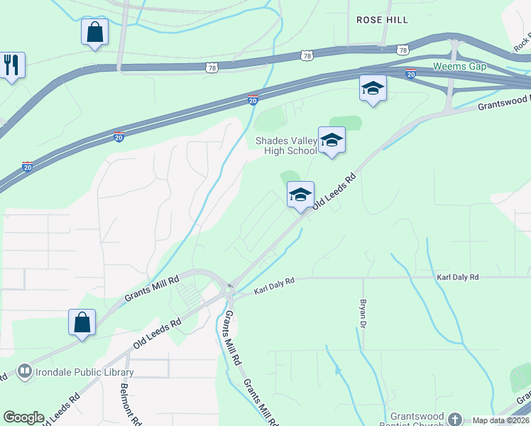 map of restaurants, bars, coffee shops, grocery stores, and more near 5946 Old Leeds Road in Irondale