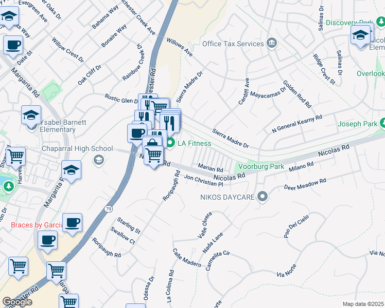 map of restaurants, bars, coffee shops, grocery stores, and more near 39549 June Road in Temecula