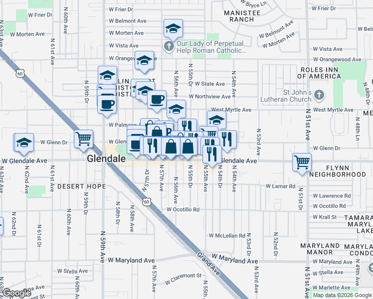 map of restaurants, bars, coffee shops, grocery stores, and more near 7102 North 55th Drive in Glendale
