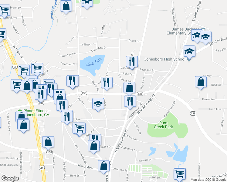 map of restaurants, bars, coffee shops, grocery stores, and more near 1160 Georgia 138 in Jonesboro