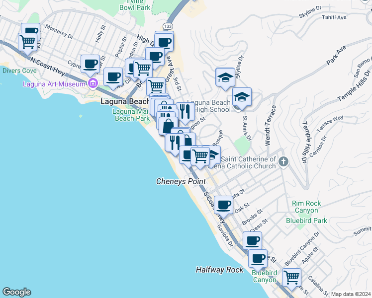 map of restaurants, bars, coffee shops, grocery stores, and more near 646 Ramona Avenue in Laguna Beach