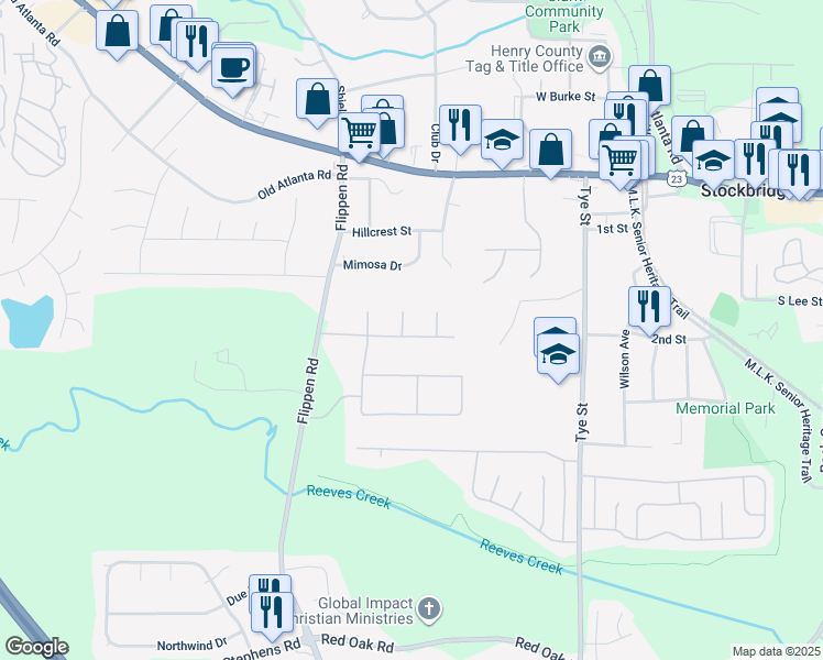 map of restaurants, bars, coffee shops, grocery stores, and more near 133 Appleton Boulevard in Stockbridge