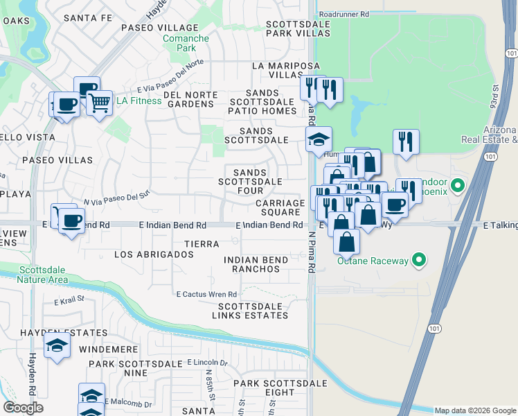 map of restaurants, bars, coffee shops, grocery stores, and more near 8683 East Vía de Belleza in Scottsdale