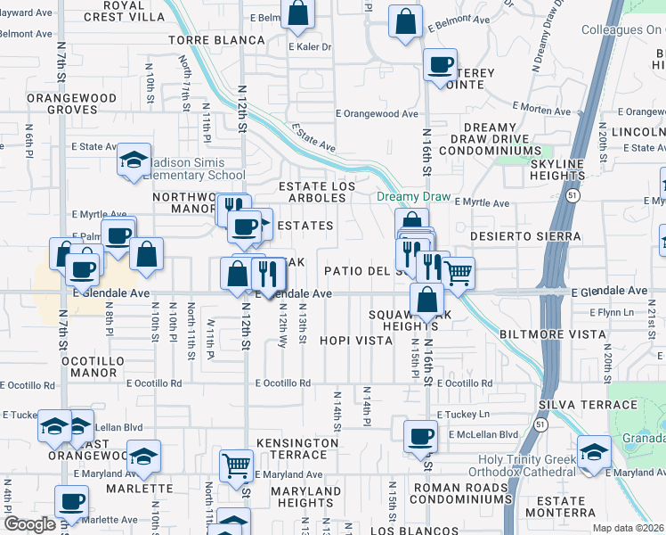 map of restaurants, bars, coffee shops, grocery stores, and more near 7042 North 14th Street in Phoenix