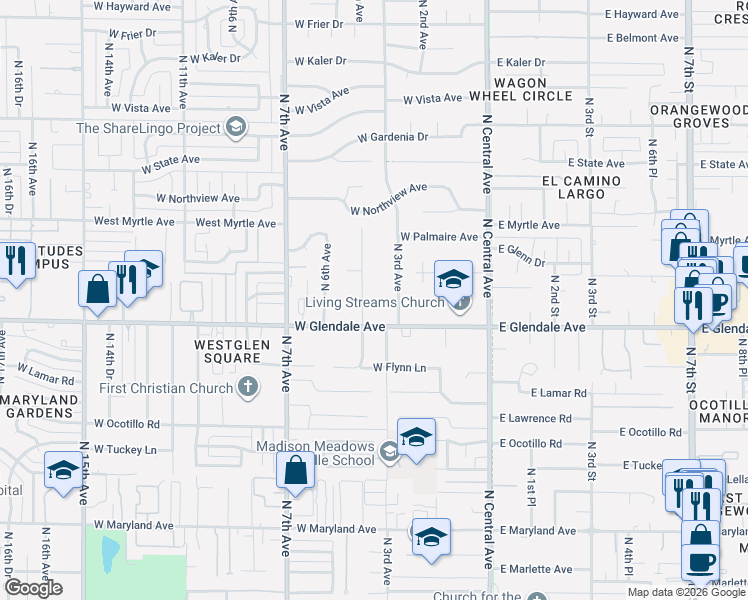 map of restaurants, bars, coffee shops, grocery stores, and more near 7047 North Wilder Road in Phoenix