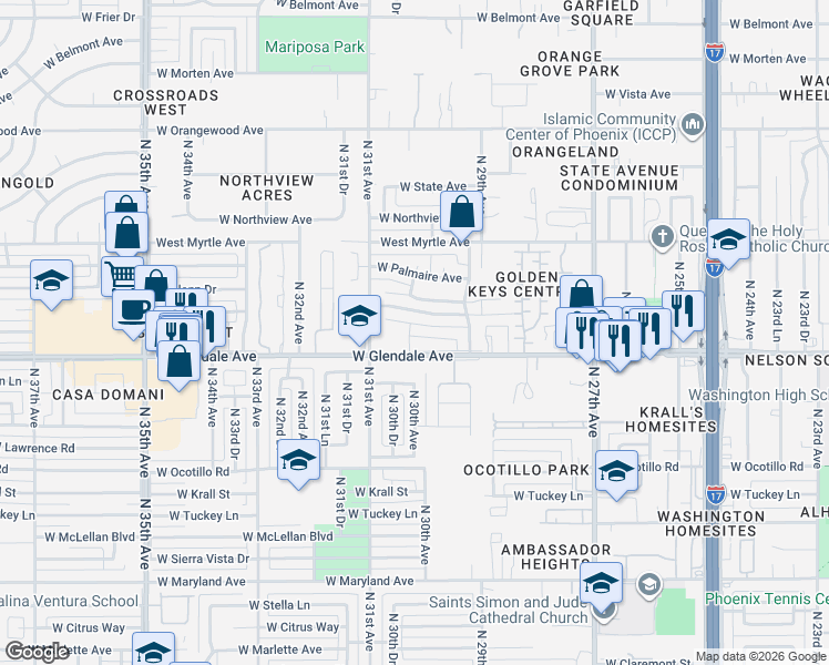 map of restaurants, bars, coffee shops, grocery stores, and more near 2933 West Glenn Drive in Phoenix