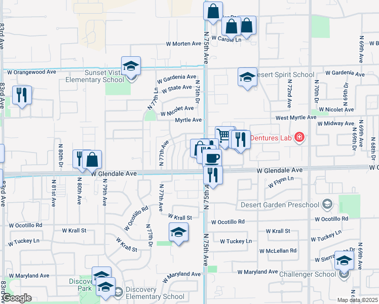 map of restaurants, bars, coffee shops, grocery stores, and more near 7040 North 76th Avenue in Glendale