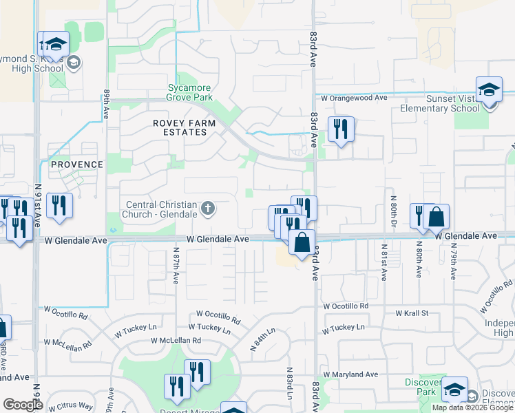 map of restaurants, bars, coffee shops, grocery stores, and more near 7209 North 85th Lane in Glendale