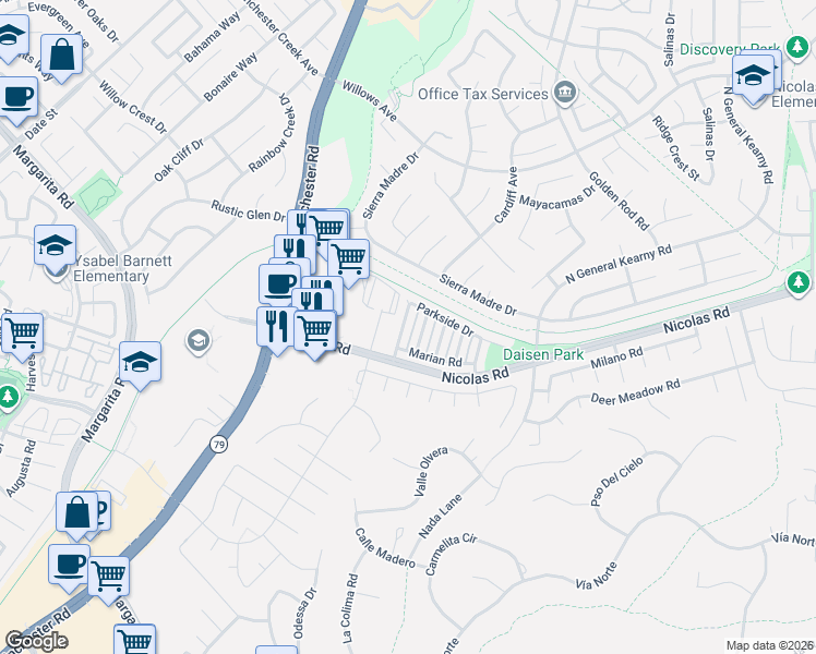 map of restaurants, bars, coffee shops, grocery stores, and more near 39507 June Road in Temecula