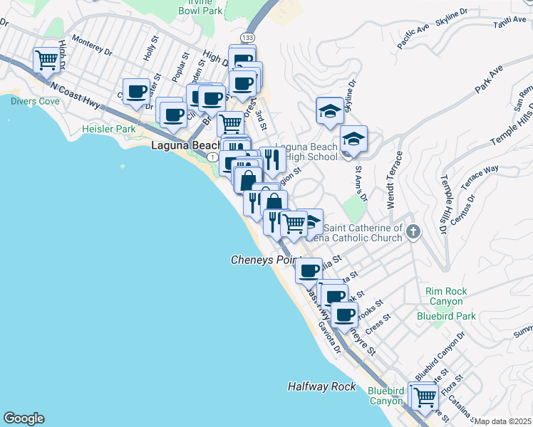 map of restaurants, bars, coffee shops, grocery stores, and more near 618 Glenneyre Street in Laguna Beach