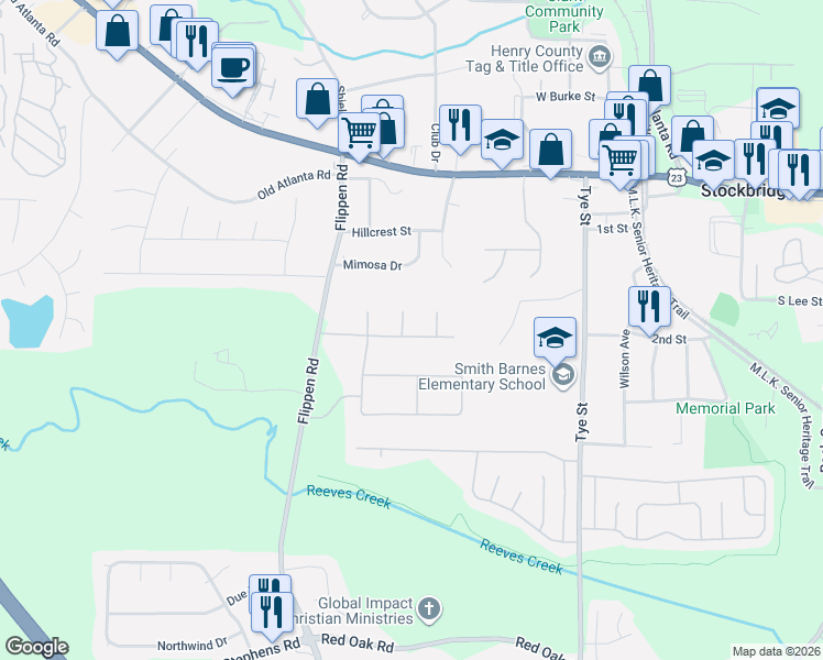 map of restaurants, bars, coffee shops, grocery stores, and more near 305 Hamilton Glenn in Stockbridge