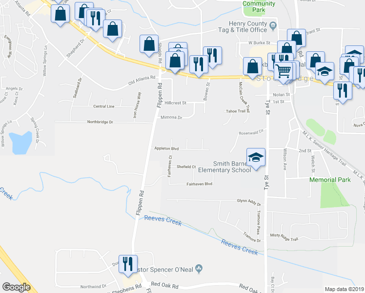 map of restaurants, bars, coffee shops, grocery stores, and more near 207 Glendale Court in Stockbridge